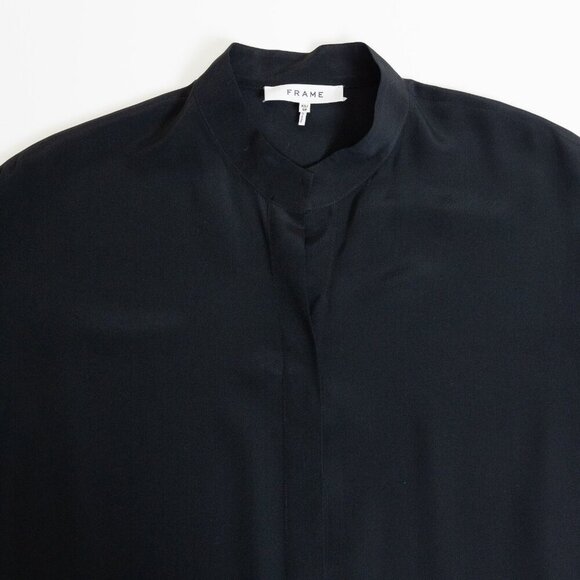 FRAME Silk Blouse Black Flounce Short Sleeve Top Button Up XS - Picture 4 of 14